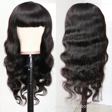 10A machine made wig Breathable Body Wave Human Hair Wig With Bangs None Lace Machine Made Wig